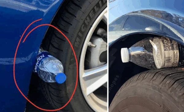Warnung: Wenn Sie eine Plastikflasche an Ihrem Autoreifen entdecken, sollten Sie sofort die 110 rufen